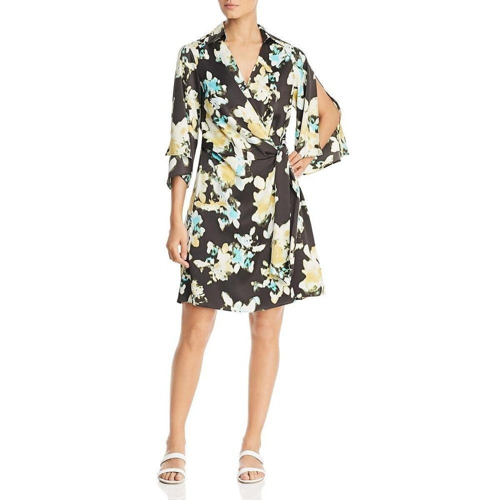 Kenneth Cole urban bouquet green watercolor collared wrap dress NWT Womens XS